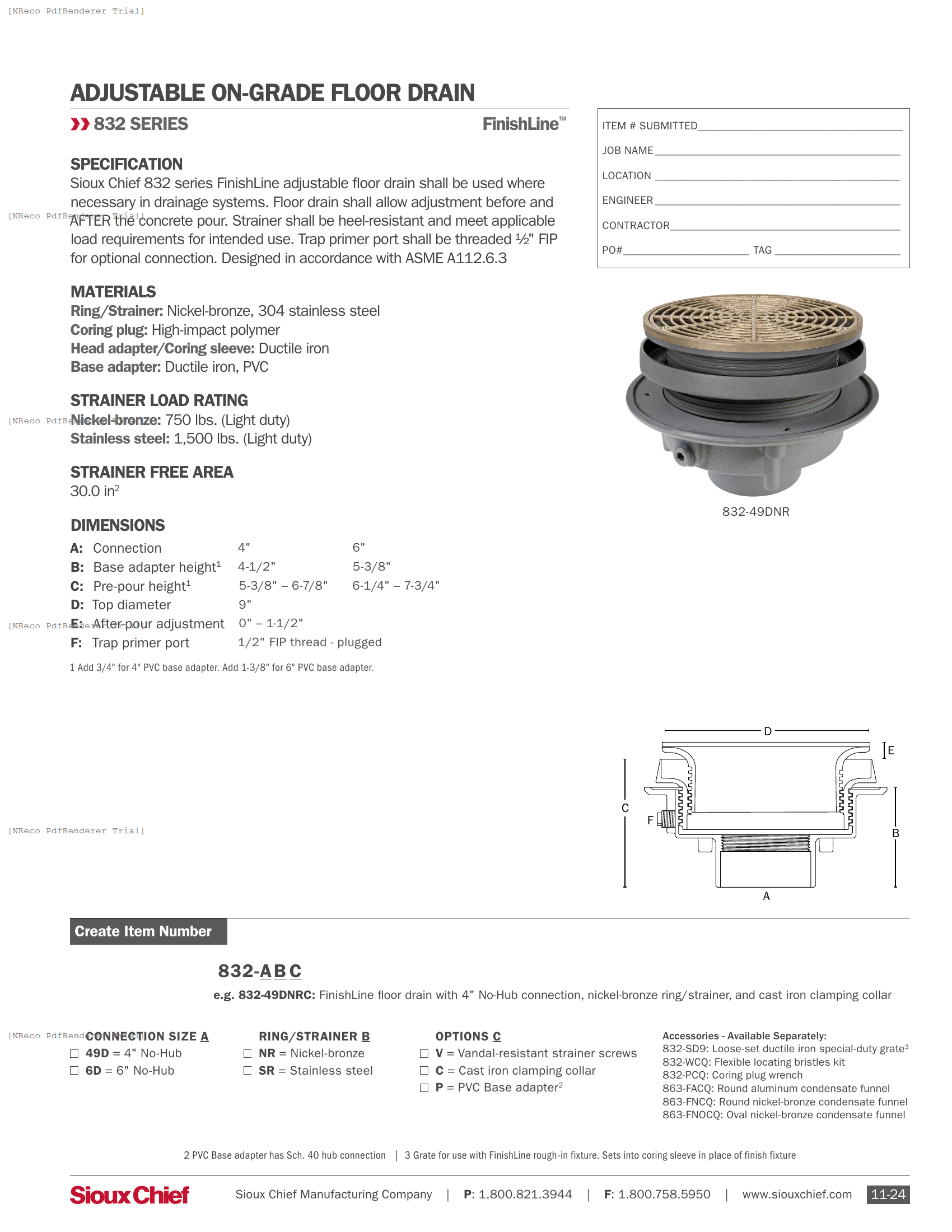 832 SERIES - FINISHLINE ADJUSTABLE FLOOR DRAIN IRON (XL) - SPEC SHEET.PDF Specification Document